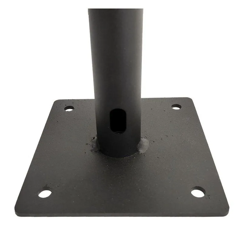 Close-up of metal base plate of wall bracket with 4 mounting holes and cable pass-through