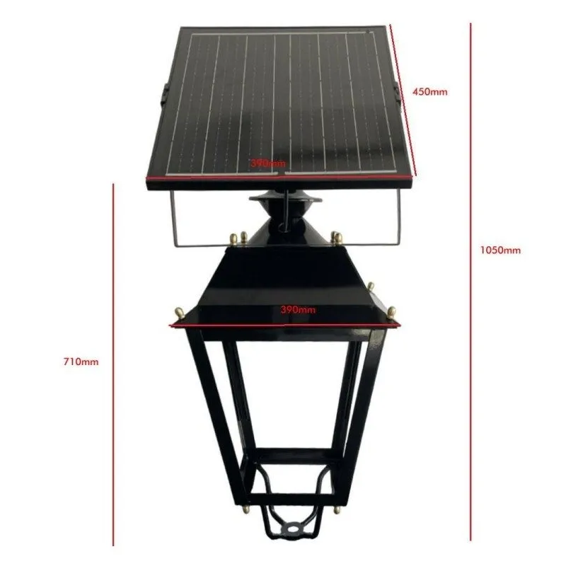 Farola solar Villa 200W con dimensiones: 1050mm altura total, lanternón 390mm y panel 450mm