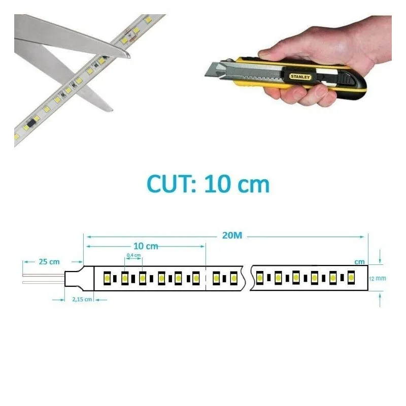 Tira LED 220V | 120xLED/m | 20m | SMD2835 | 1540Lm/M | 14W/M | IP67 | Corte cada 10cm