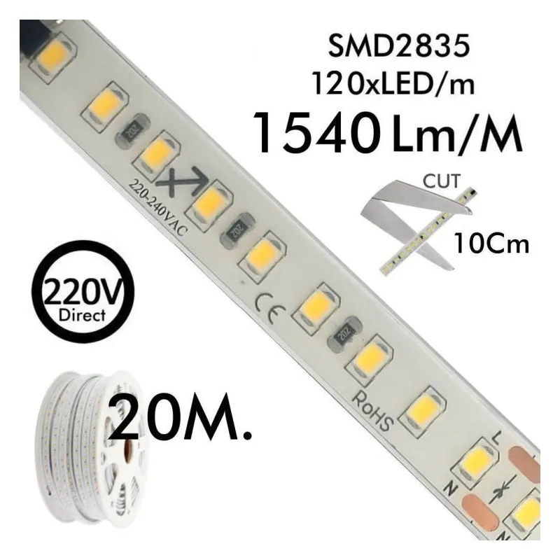 Tira LED 220V | 120xLED/m | 20m | SMD2835 | 1540Lm/M | 14W/M | IP67 | Corte cada 10cm