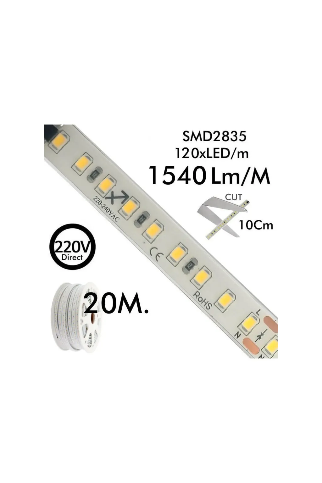Tira LED 220V | 120xLED/m | 20m | SMD2835 | 1540Lm/M | 14W/M | IP67 | Corte cada 10cm