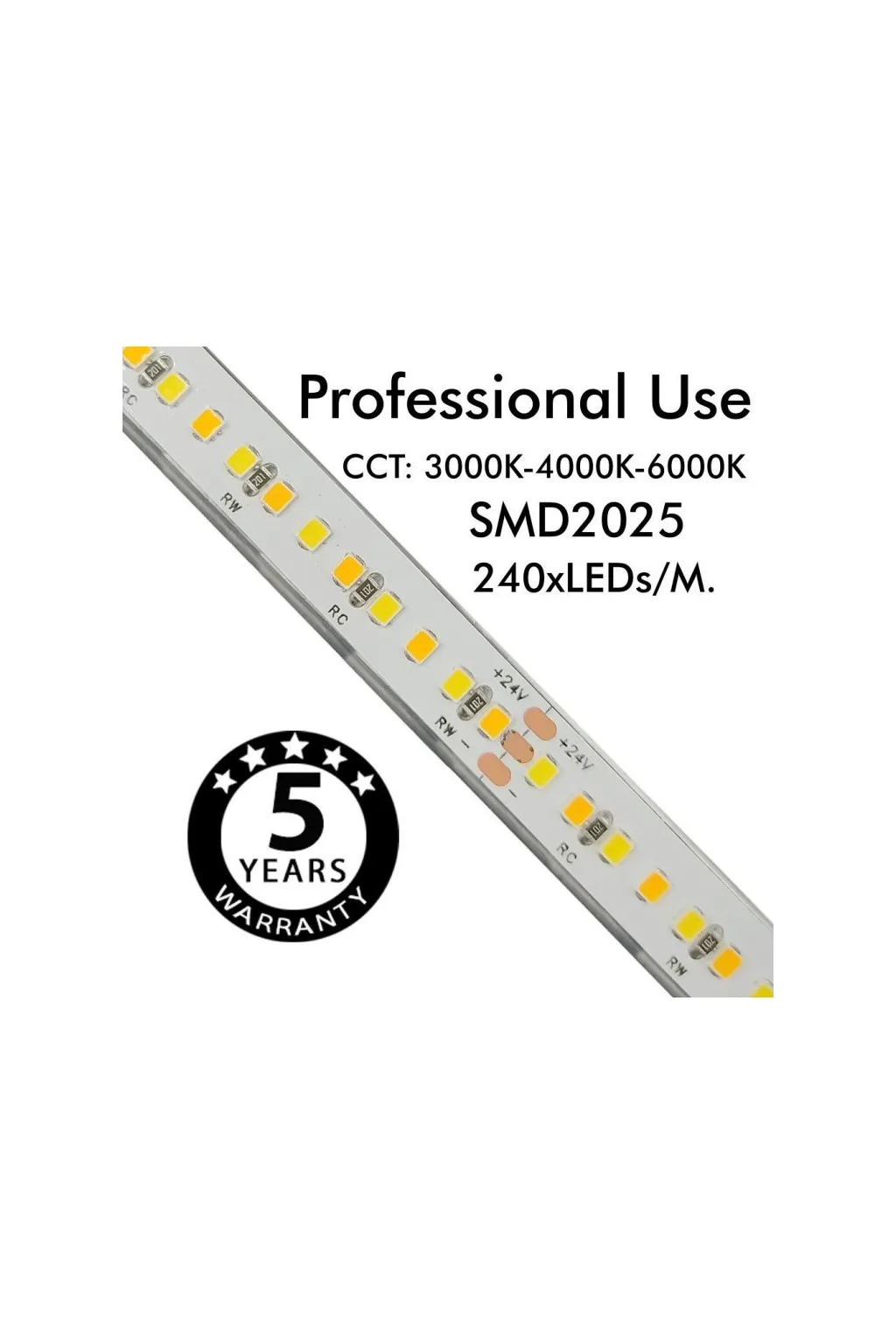 Tira LED 24V | 240xLED/M | 5m | SMD2025 | CCT | 10W/M | IP20