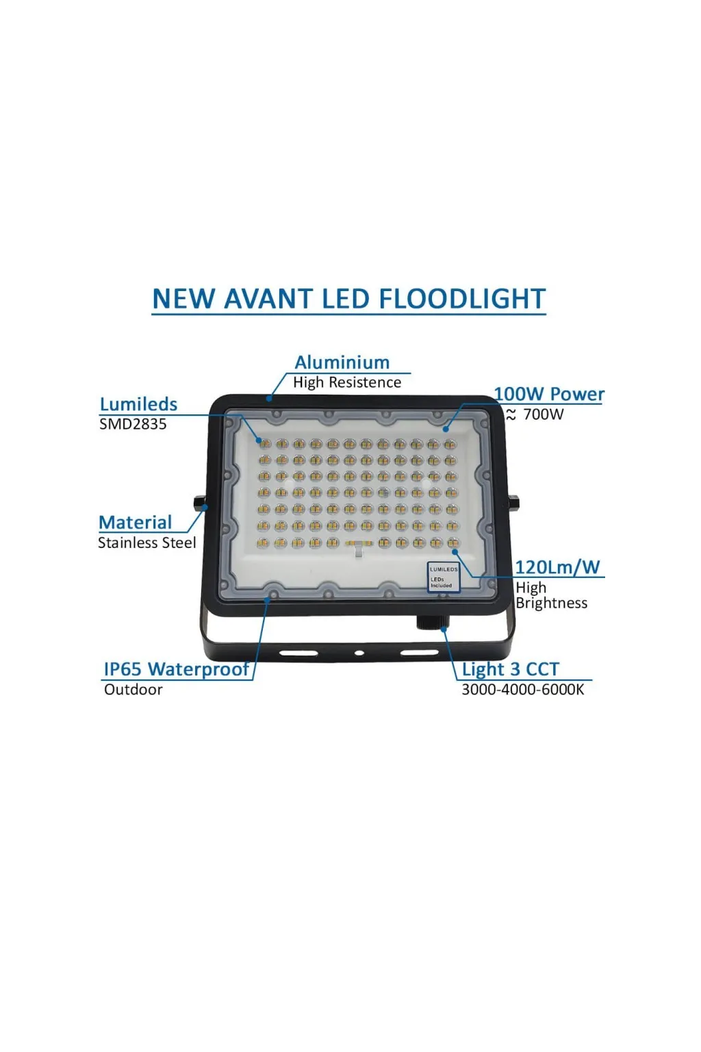 Foco Proyector LED 100W NEW AVANT BLACK - CCT COLOR SELECCIONABLE
