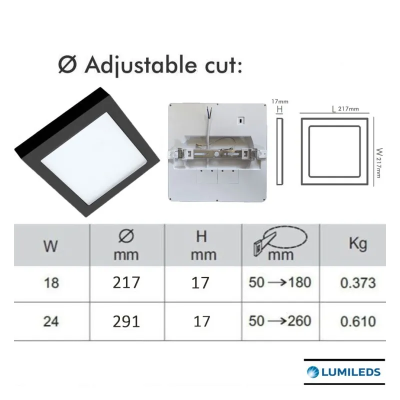 Downlight + Plafón LED - Cuadrado- MOSS NEGRO LUMILEDS - 18W AJUSTABLE - CCT Color Seleccionable