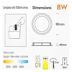 8W circular downlight - Osram Chip Duris E 2835 - CCT - UGR17