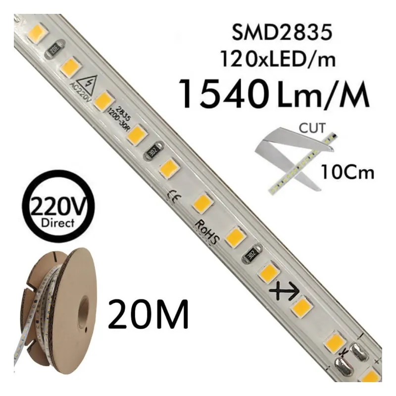 Tira LED 220V | 120xLED/M | 20m | SMD2835 | 1540Lm/M | 14W/M | IP67 | Corte Cada 10cm
