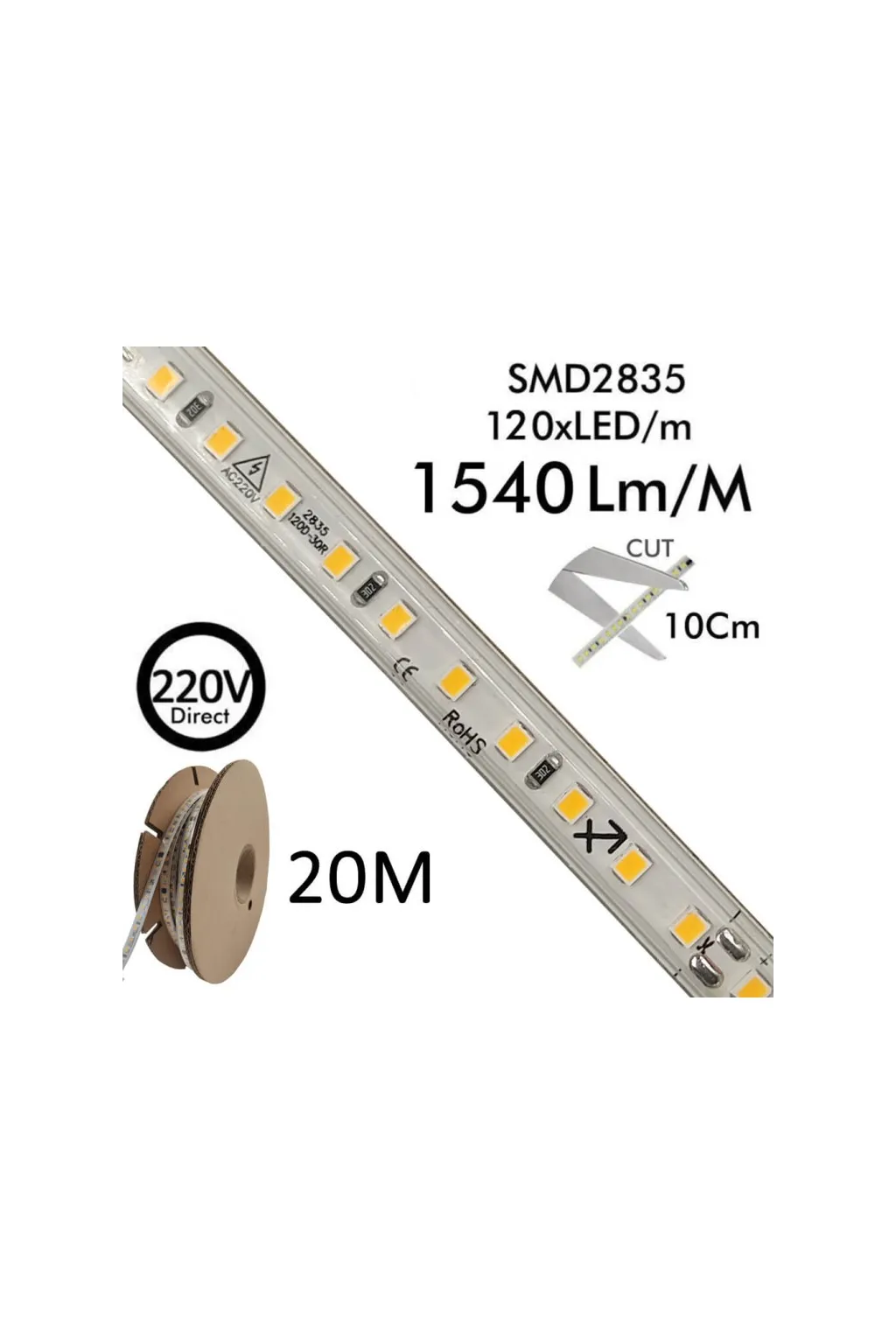 Tira LED 220V | 120xLED/M | 20m | SMD2835 | 1540Lm/M | 14W/M | IP67 | Corte Cada 10cm