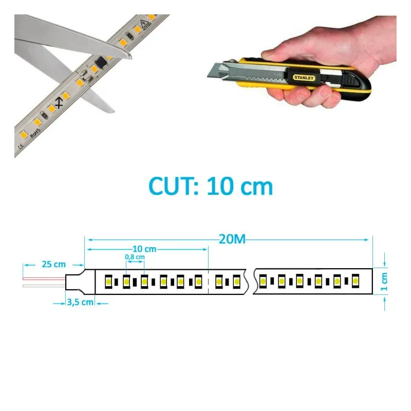 Tira LED 220V | 120xLED/M | 20m | SMD2835 | 1540Lm/M | 14W/M | IP67 | Corte Cada 10cm