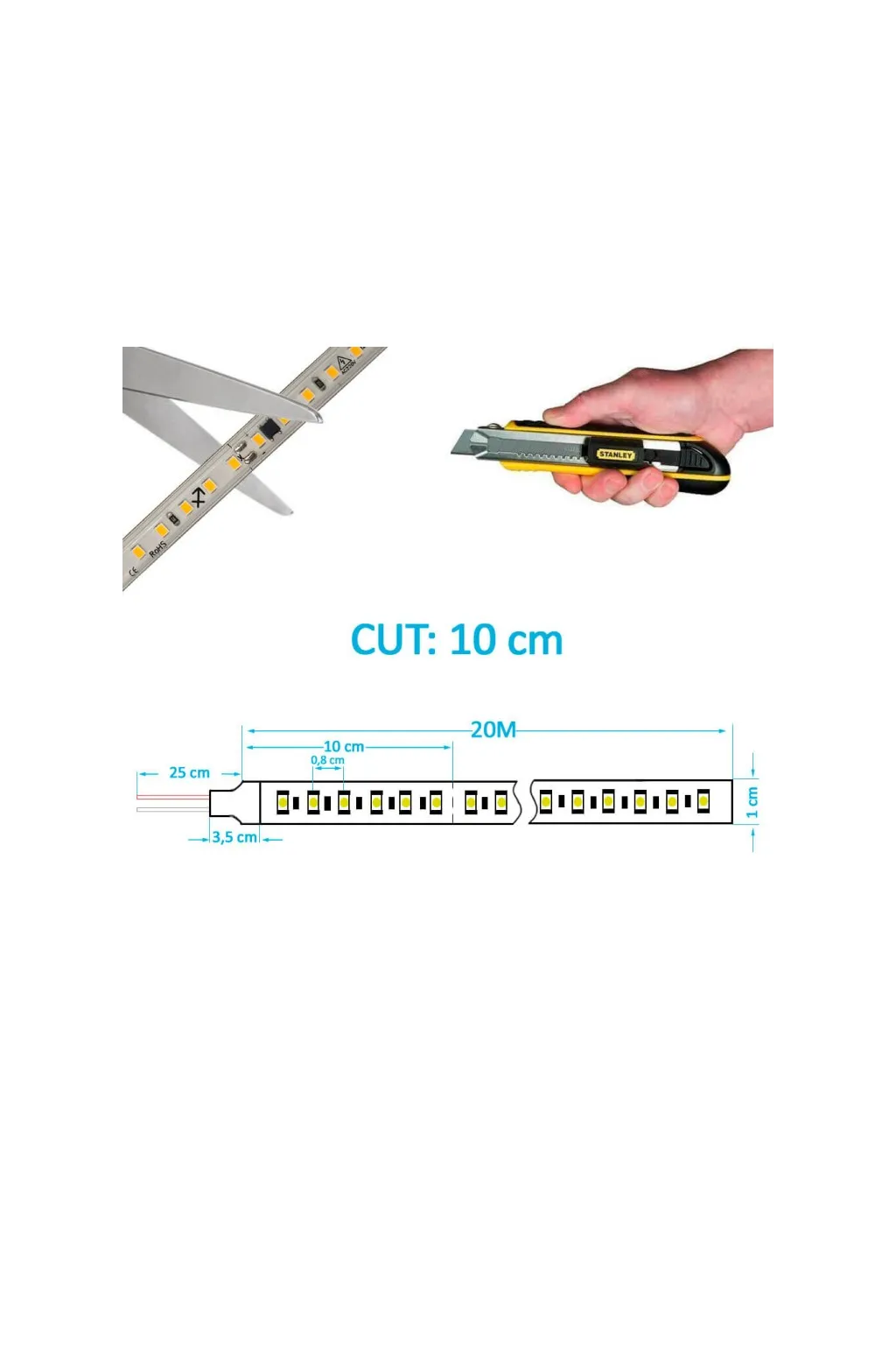 STRAP LED 220V | 120xLED / M | 20m | SMD2835 | 1540lm / m | 14W / m | IP67 | Cut every 10cm