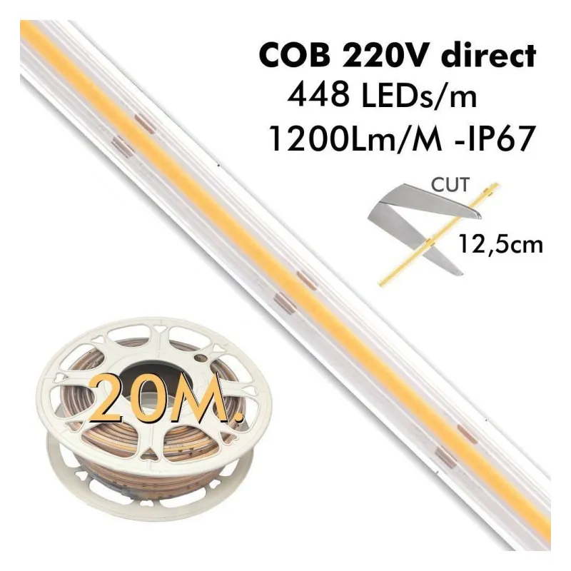 Tira LED COB 220V | 448 LED/M | 20m | FLIP CHIP | 1200Lm/M |14W/M | CRI+82 | IP67