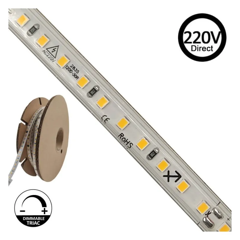 Tira LED 220V | 120xLED/m | 20m | SMD2835 | 1540Lm/M | 14W/M | IP67 | Corte cada 10cm