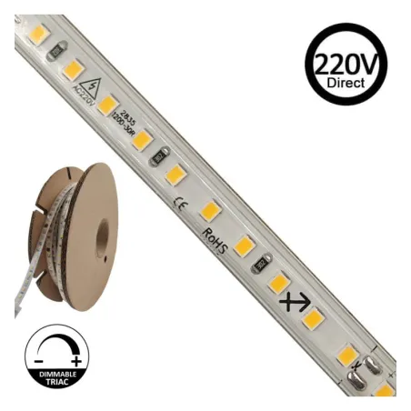 Tira LED 220V | 120xLED/m | 20m | SMD2835 | 1540Lm/M | 14W/M | IP67 | Corte cada 10cm