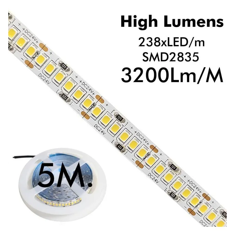 Tira LED 24V | 238xLED/m | 5m | SMD2835 | 2200Lm | 20W/M | IP20