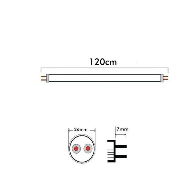 Measurement diagram T8 LED tube 120cm length, 26mm diameter and G13 base 7mm pin pitch