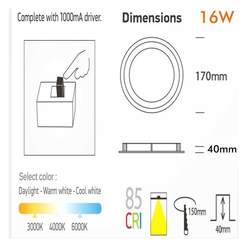 Round LED Downlight 16W Ø150mm 3CCT UGR19 | Ibérica