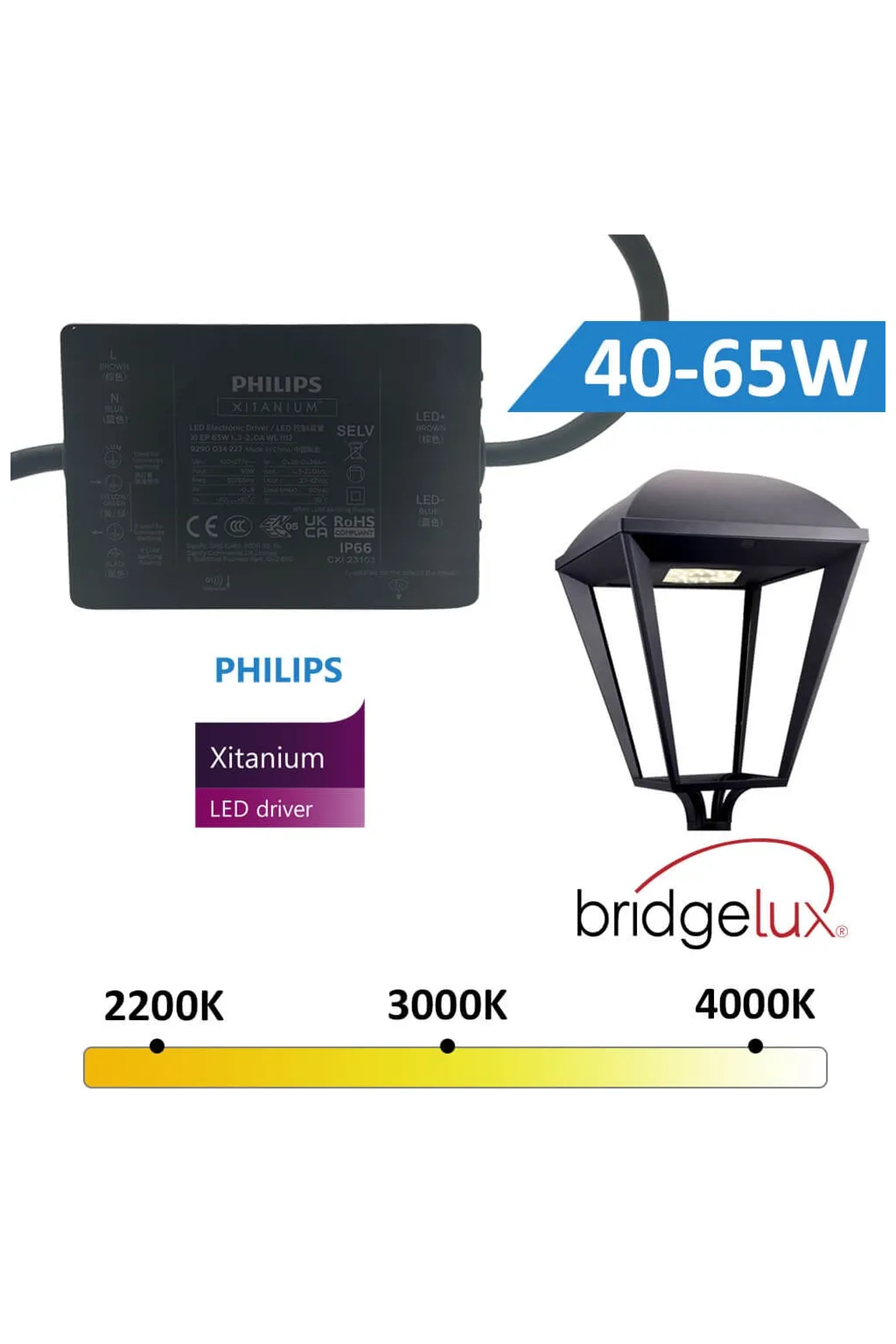 ▷Réverbère Extérieur Noir Philips VILLA ELITE 65W Bridgelux - Dimmable