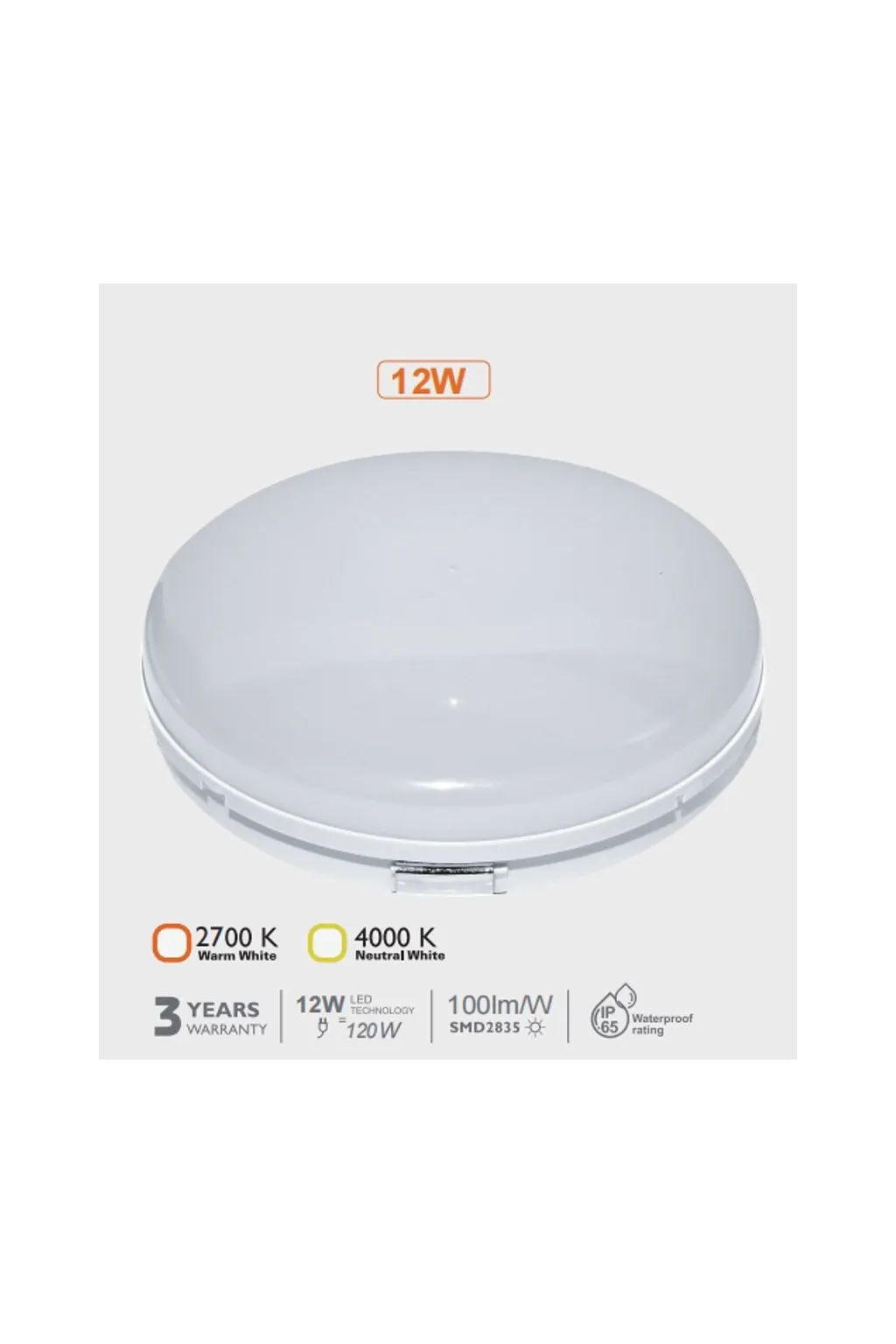 ▷ 12W PURELIGHT Indoor and Outdoor 12W White Circular Ceiling Light IP65