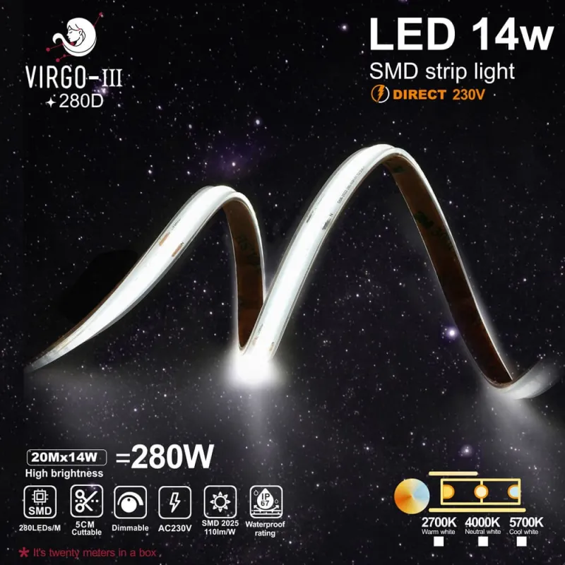 LED Strip 220V 14w 20m IP67 Dimmable - Cut 10cm - High Brightness
