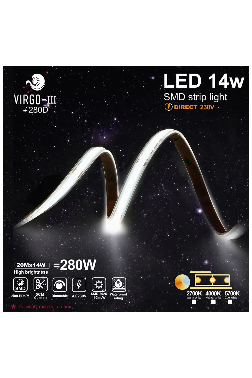 Striscia LED 220V | 120xLED/m | 20m | SMD2835 | 1450Lm/M | 14W/M | ...