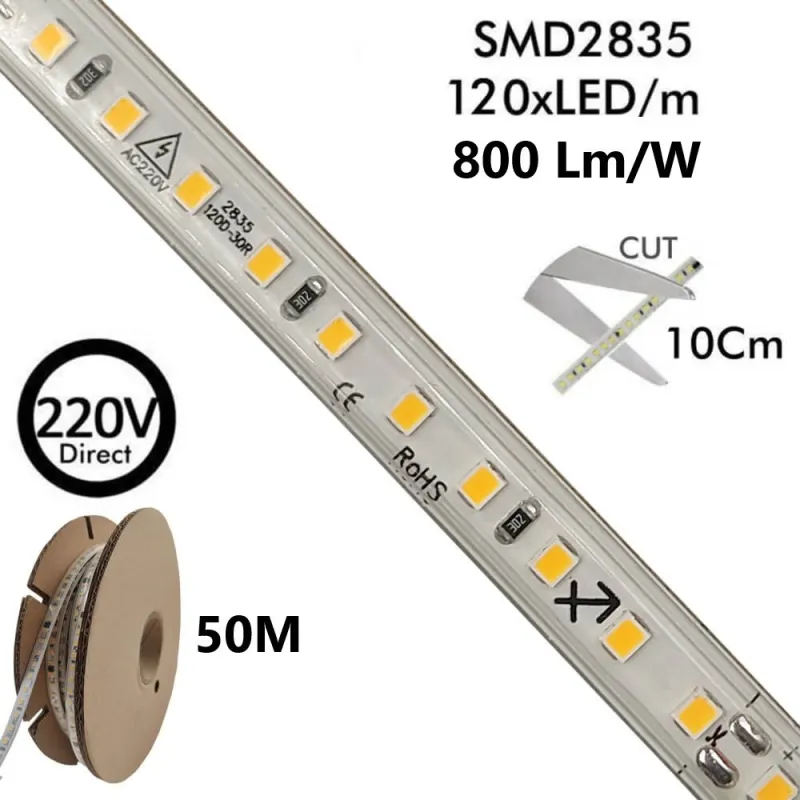 ✔️ Tira LED Exterior 220V Direct 50M - Varios tonos Blancos