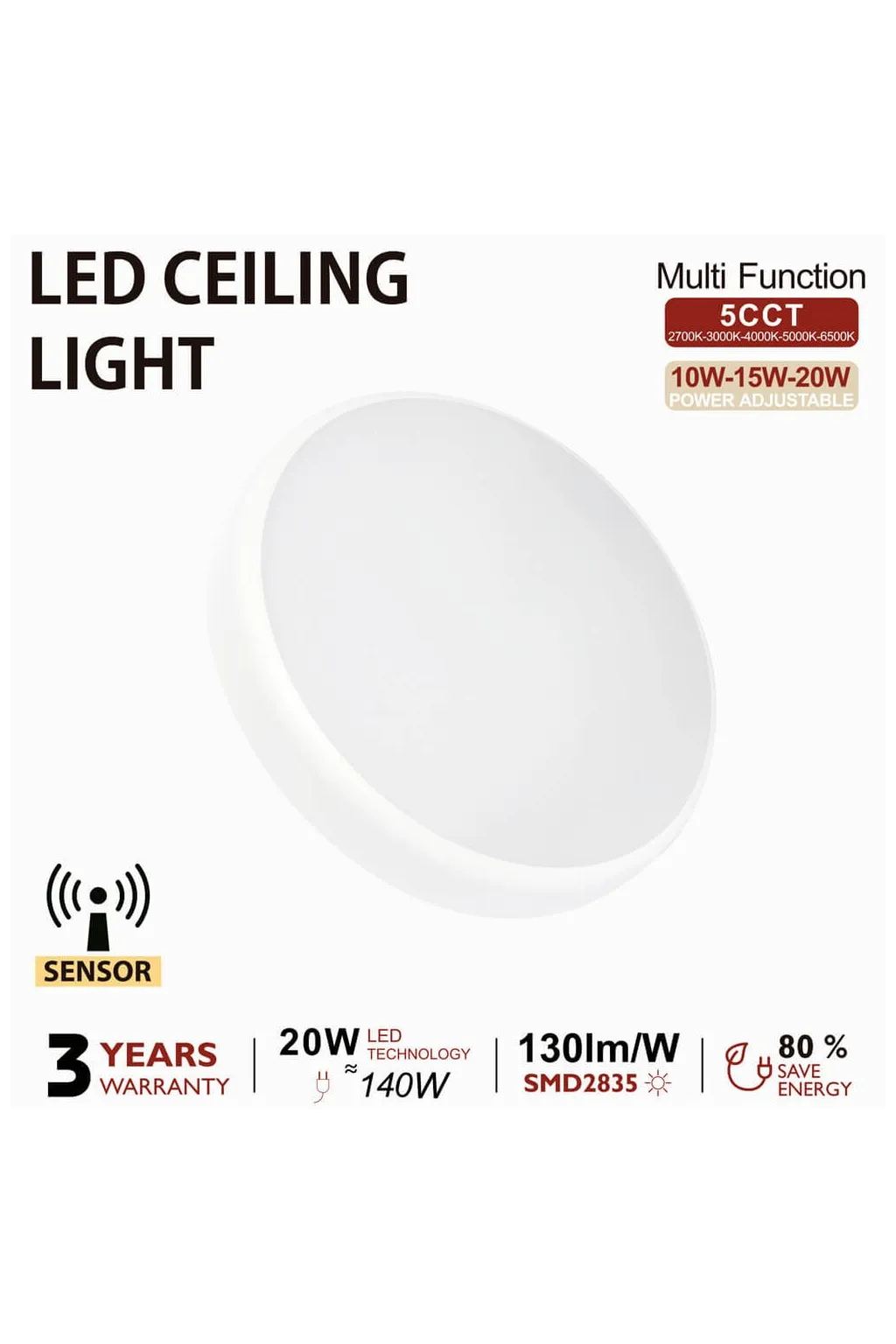 ▷ Radar Sensor Circular Ceiling Light 20W 28cm | Selectable Light 5CCT