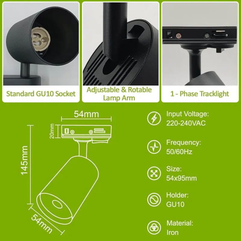 ▷ EMMEN Track Light Black 1-Phase | Addressable, for GU10