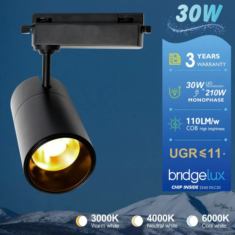 ▷ Acheter Projecteur LED 30W PARMA Blanc Rail Monophasé - CCT - CRI+92 - 48º
