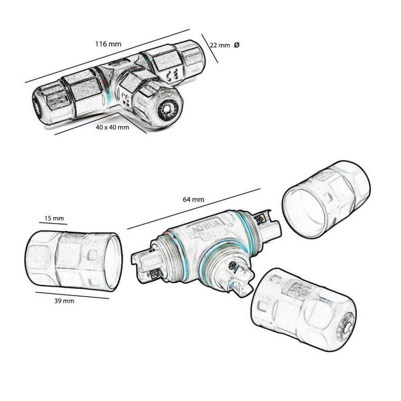 Cable Connector T IP68 Black Nylon 2.5mm | Ibérica