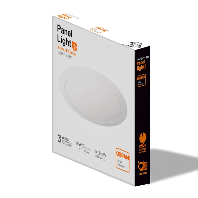 Embalaje de venta placa LED Slim 18W Iberian LED Group con OSRAM y 3 años de garantía