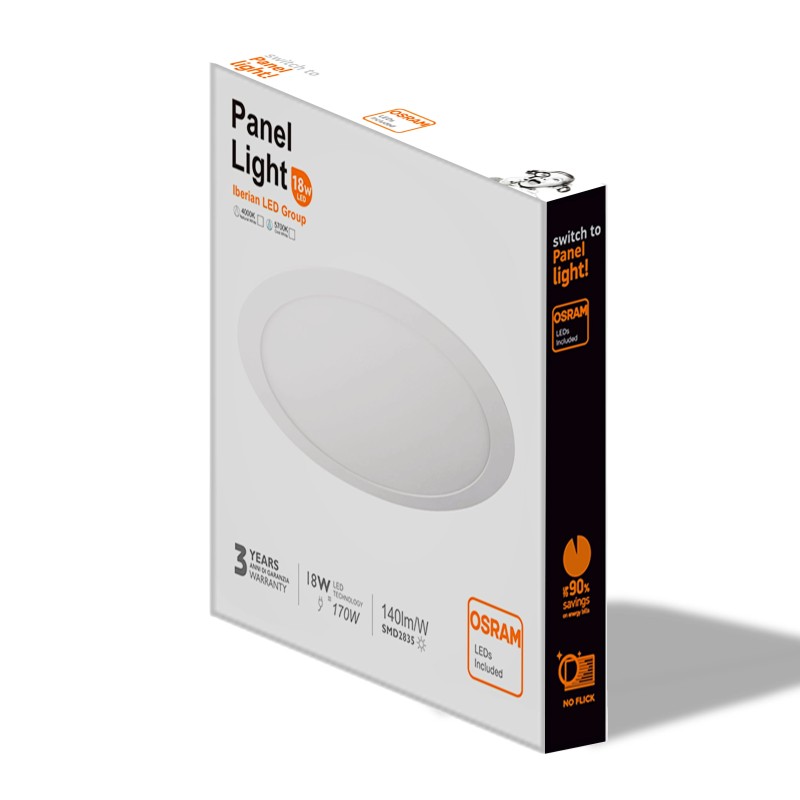 Retail packaging slim LED panel 18W Iberian LED Group with OSRAM and 3-year warranty
