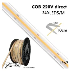 RESERVA ENERO 50 METROS Tira LED COB 220V | 10W/M | 240 LED/M |1200Lm/M| FLIP CHIP | 50m | IP65 | Corte 10cm