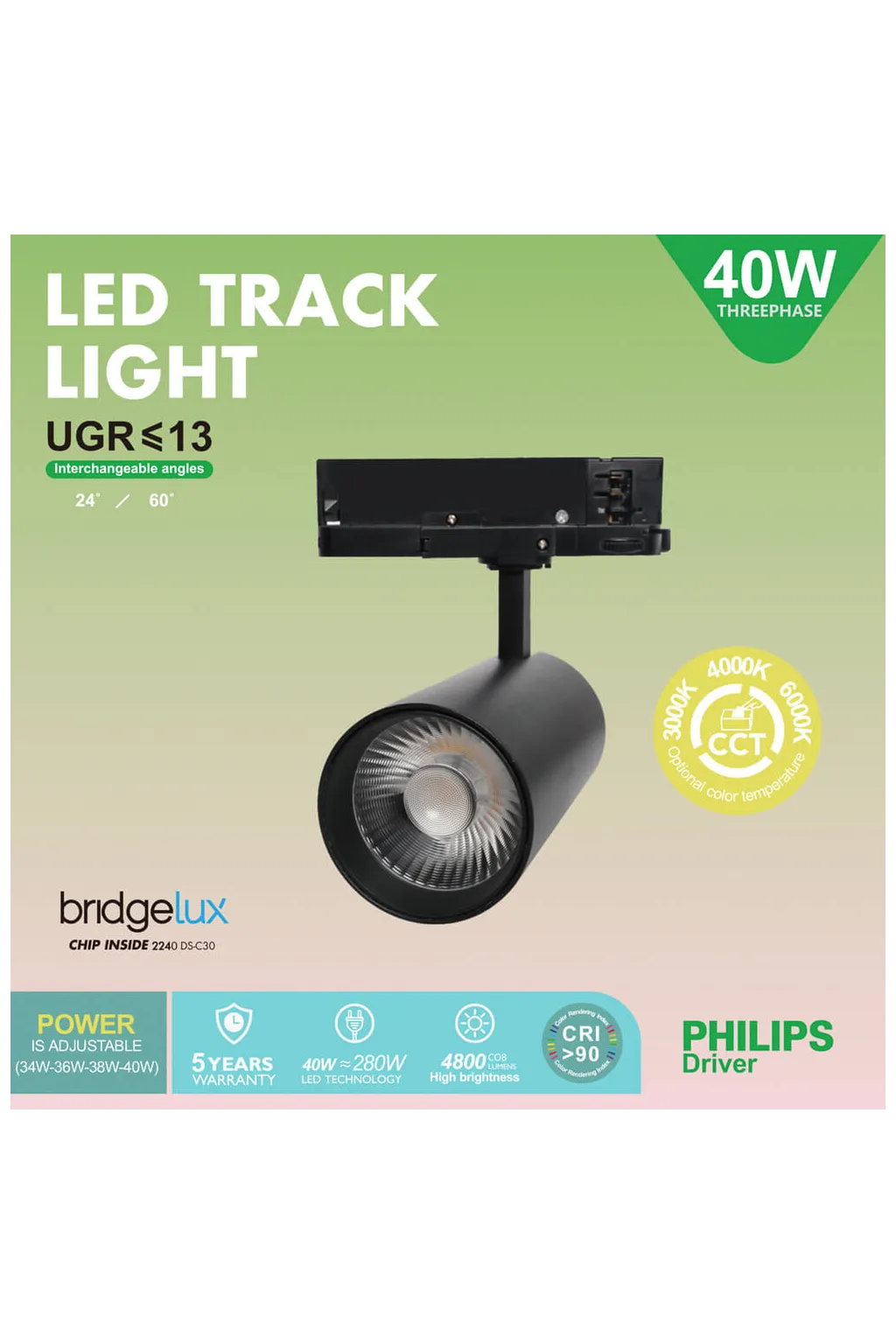 Foco LED 40W NEW MAYA 3CCT | Driver Philips Xitanium | Carril Trifásico | UGR13 | 24º - 60º | Negro
