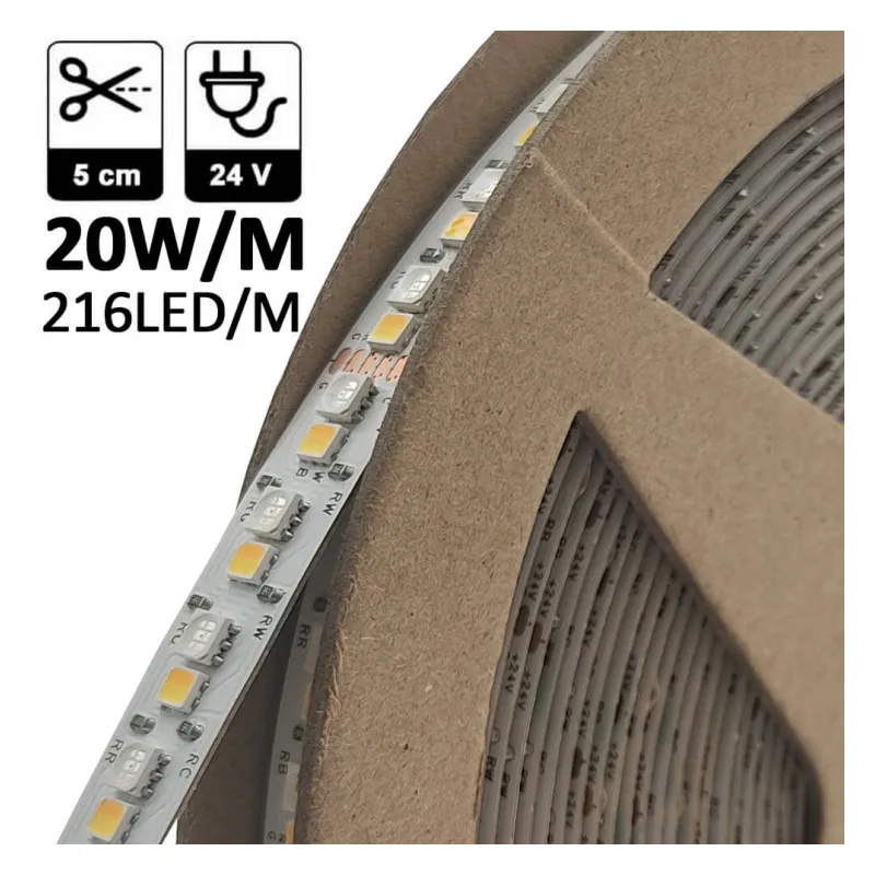 Tira LED 24V RGB+CCT | 216xLED/m | 10m | SMD3535+2835 | 20W/M | IP20