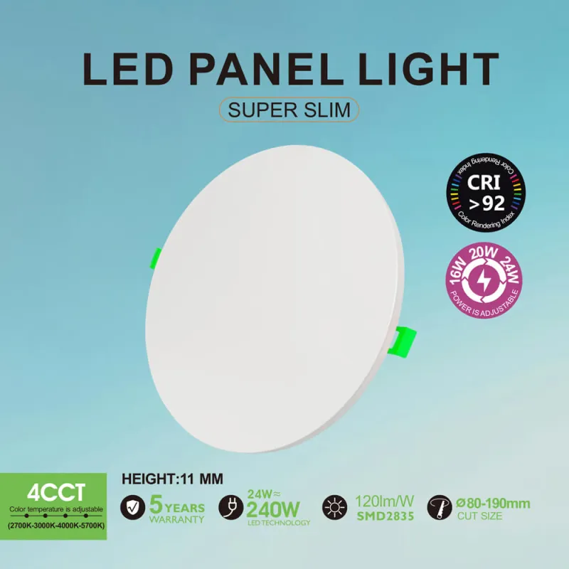 Downlight LED Circular 16W 20W 24W Frameless 4CCT | Ajustable 80-190mm | Blanco | CRI92