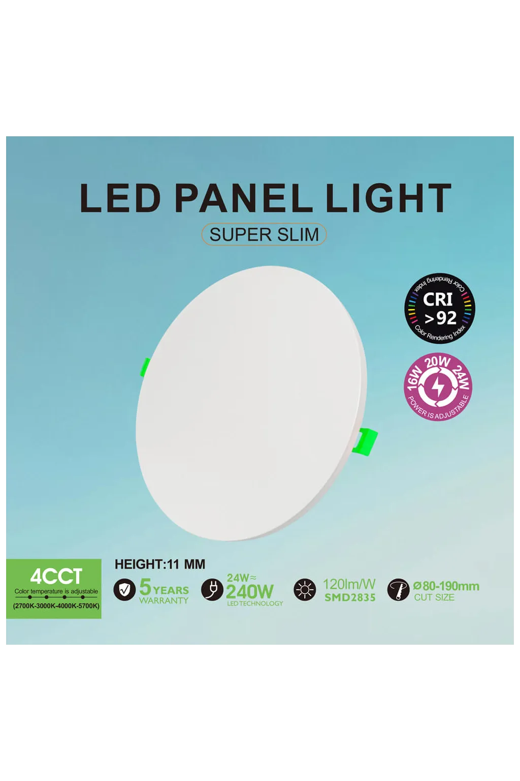 Downlight LED Circular 16W 20W 24W Frameless 4CCT | Ajustable 80-190mm | Blanco | CRI92