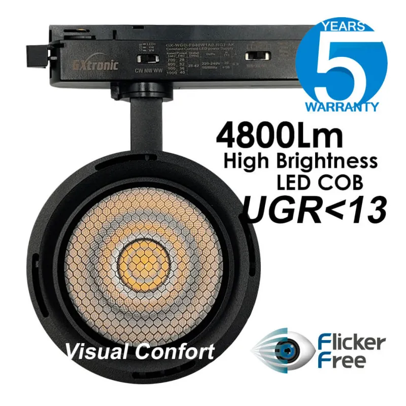 Foco LED 40W-28W Monofásico - ROMA Negro - Driver GxTronic - Óptica Regulable 24º-60º - UGR13 - CCT