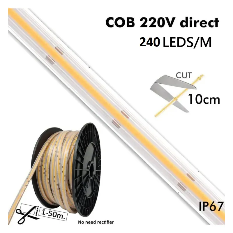 50 METROS Tira LED COB 220V | 10W/M | 240 LED/M |1200Lm/M| FLIP CHIP | 50m | IP65 | Corte 10cm