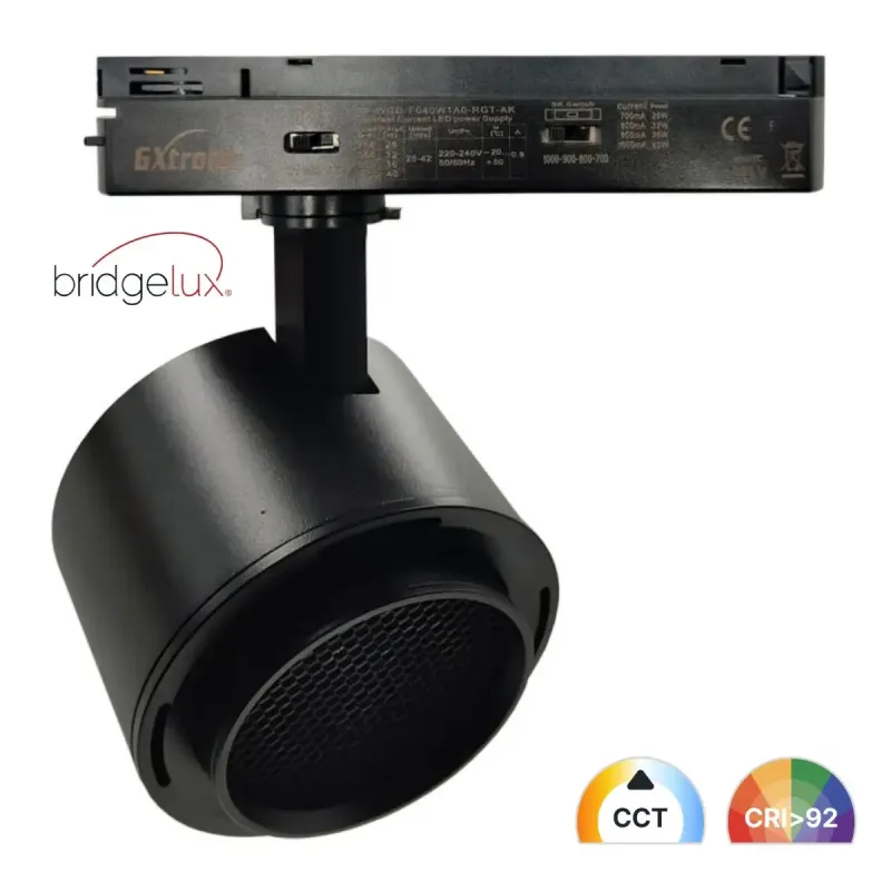 Spot LED sur rail monophasé noir 28W-40W CCT puce Bridgelux