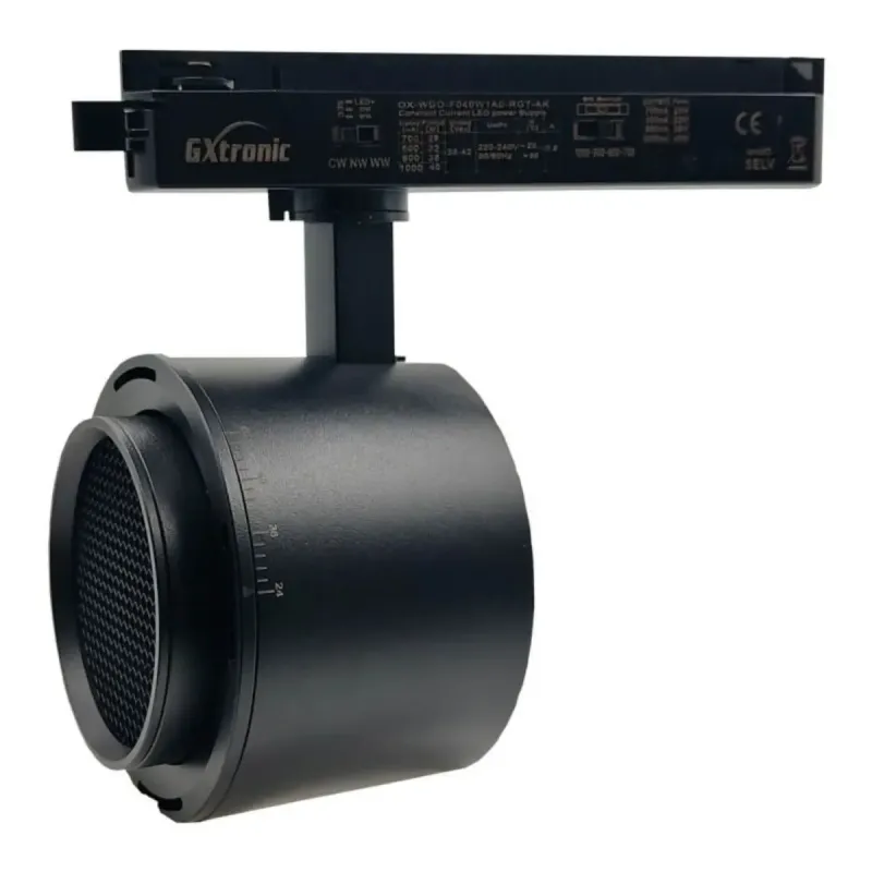 Black LED track spotlight side view with cylindrical adjustable head
