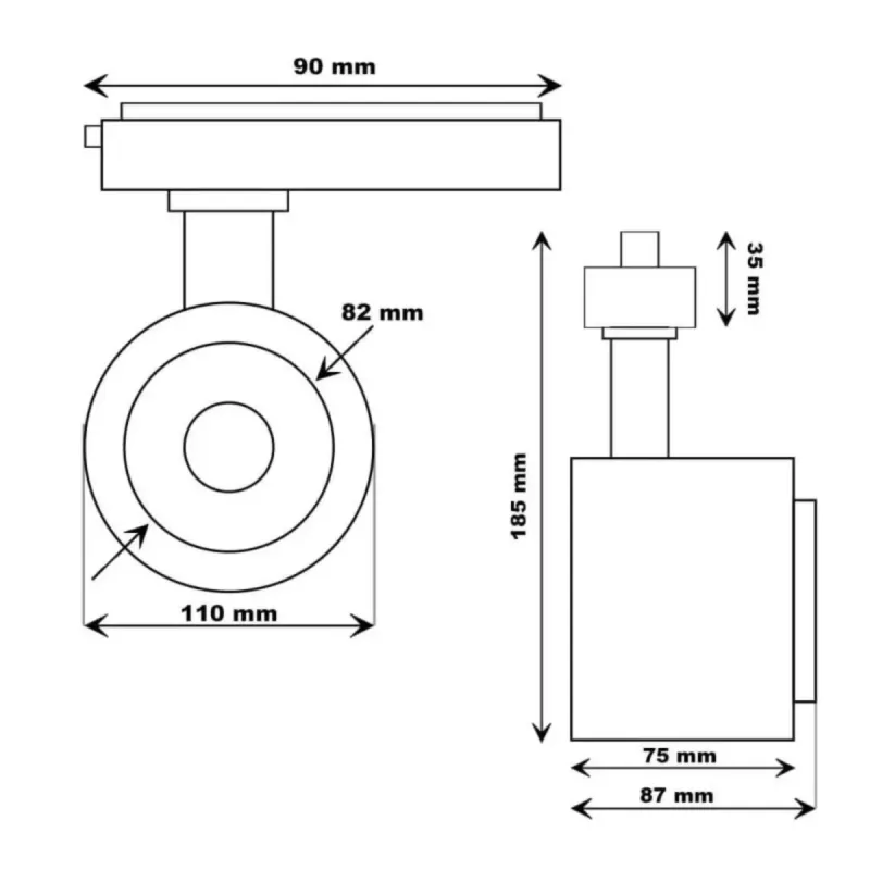 Plan technique spot LED rail dimensions 90x110x185mm