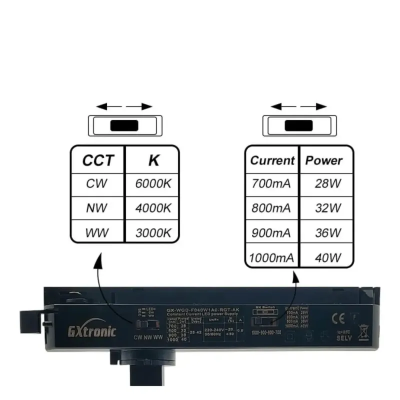 CCT selector 3000K 4000K 6000K and power 28W 32W 36W 40W