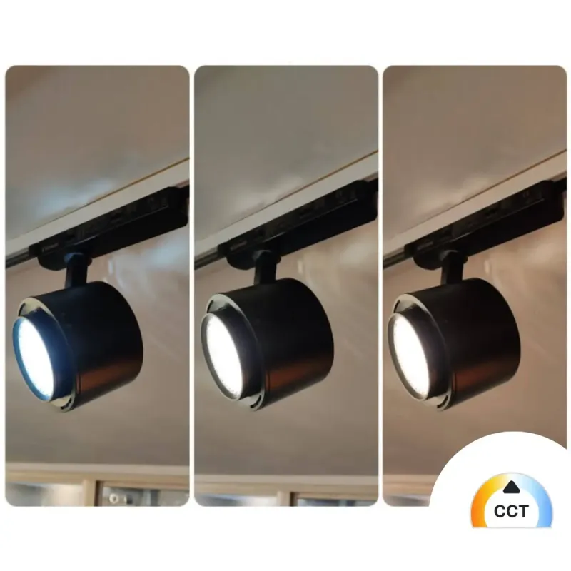 Trois spots LED rail installés avec lumière chaude neutre et froide CCT