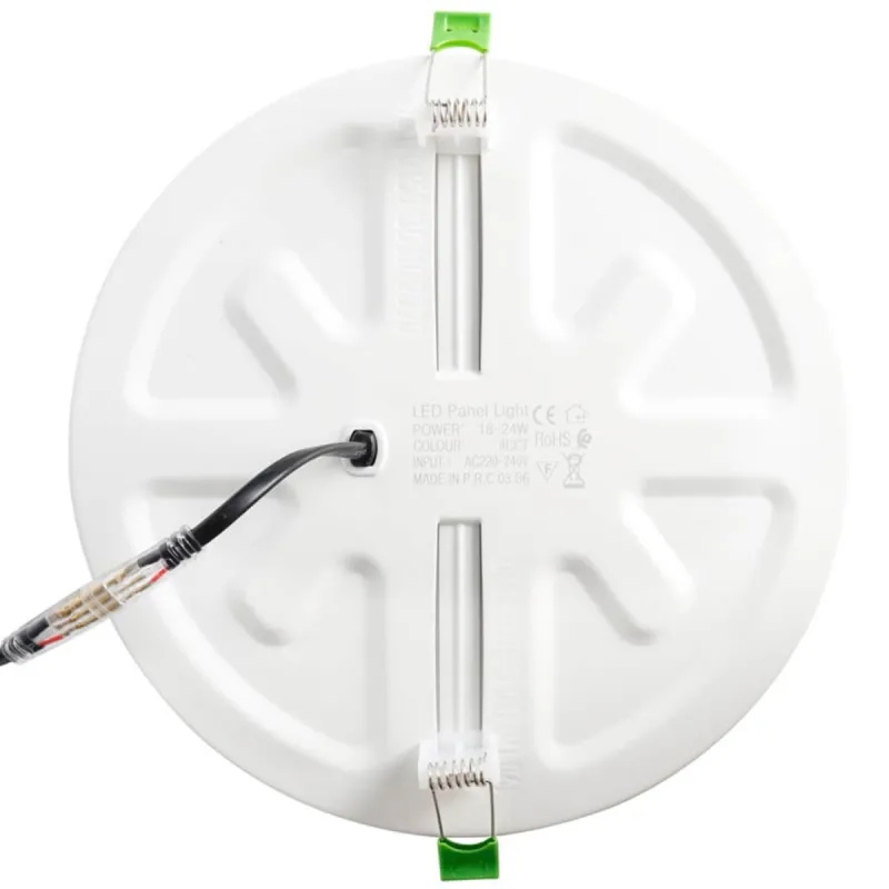 Frameless LED downlight rear view with connection cable and fixing springs