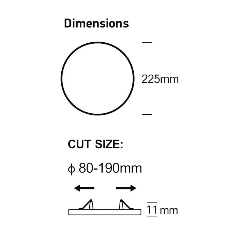 Disegno tecnico downlight LED 225mm foro 80-190mm spessore 11mm