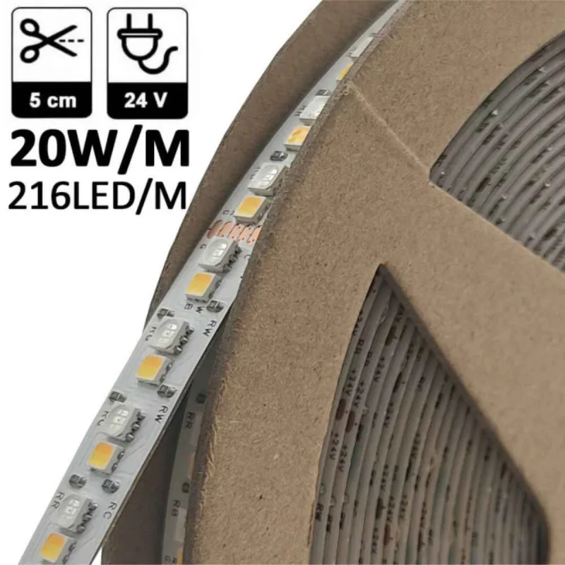 Détail ruban LED 24V avec LEDs SMD coupe tous les 5cm 216 LEDs/m