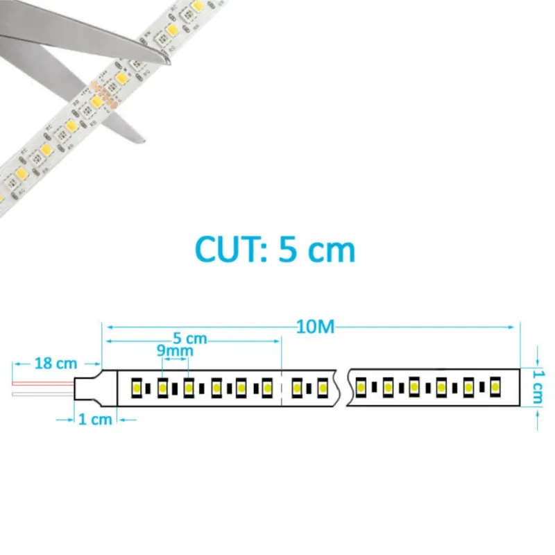 Technical drawing LED strip 10m cut every 5cm width 9mm