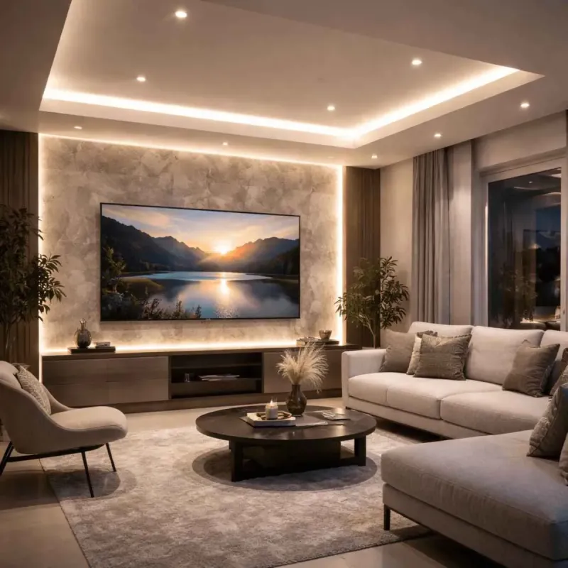Perfil aluminio blanco tira LED instalado en salón luz indirecta moderna