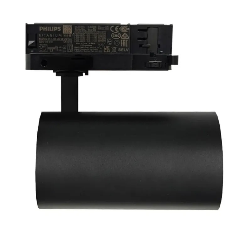 Perfil lateral foco LED carril trifásico negro cabezal cilíndrico orientable