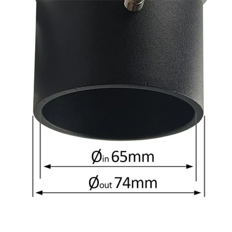 Detalle acoplamiento columna farola LED jardín diámetros Ø65mm y Ø74mm