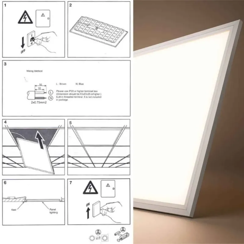 Guía de instalación del panel LED 60x60 Slim Frame en techo de oficina